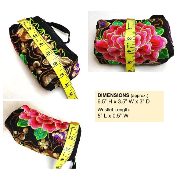 Embroidery Rabbits Floral Fabric Wristlet Pouch Black Brown Red 3-Layer Zippers - Picture 12 of 13